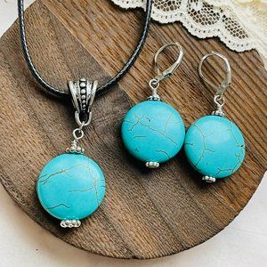 Blue Turquoise Magnesite Boho Necklace Choker & Earrings Set NEW